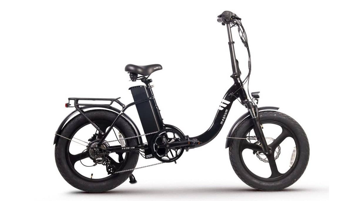 Magnum Premium 3 low-step folding commuter electric bike in black on a white background