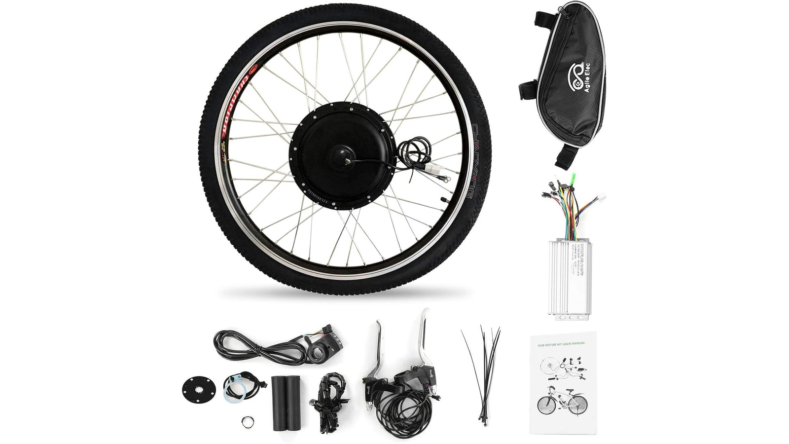 E-bike conversion kit components: hub motor wheel, controller, battery bag, brake levers and wiring on a white background