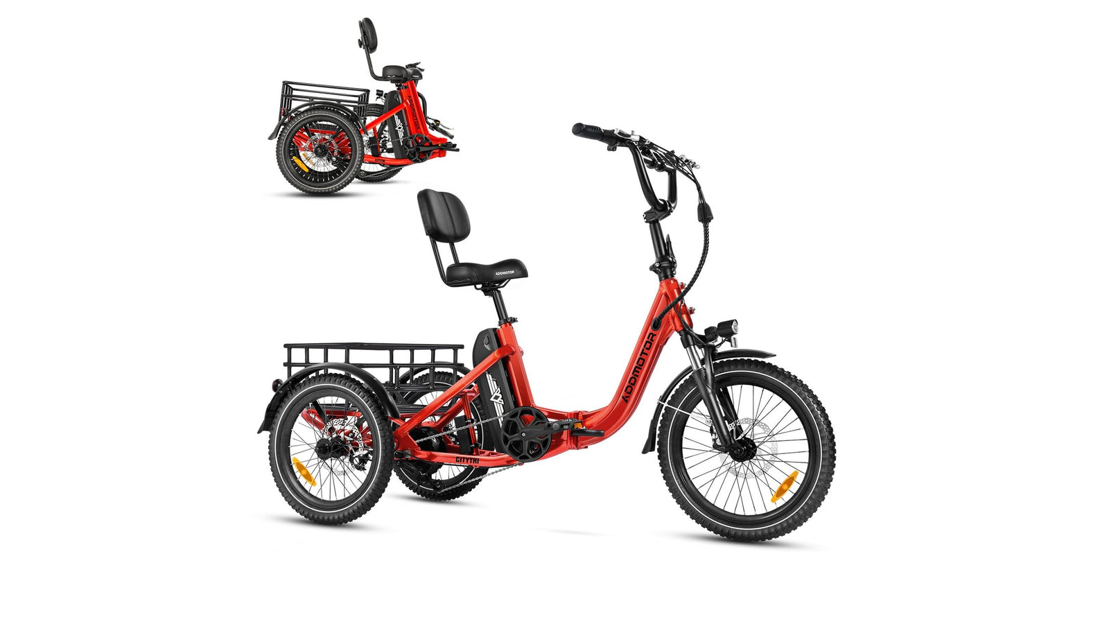 Addmotor CityTri E-310 red folding electric tricycle with rear cargo basket on a white background