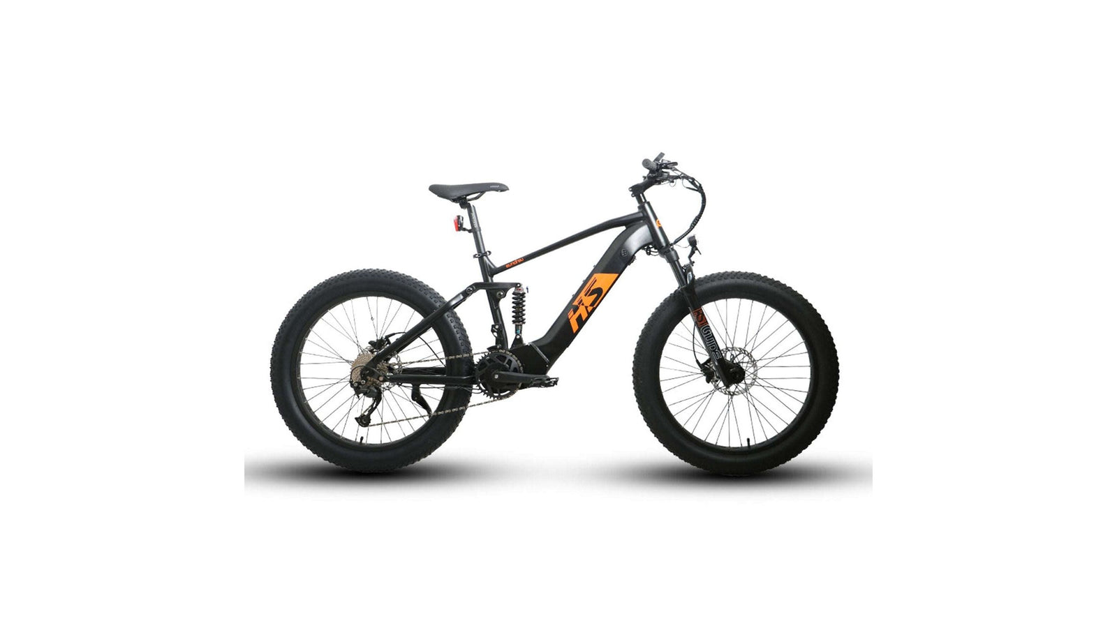 Eunorau FAT-HS orange fat tire electric mountain bike, side profile on a white background