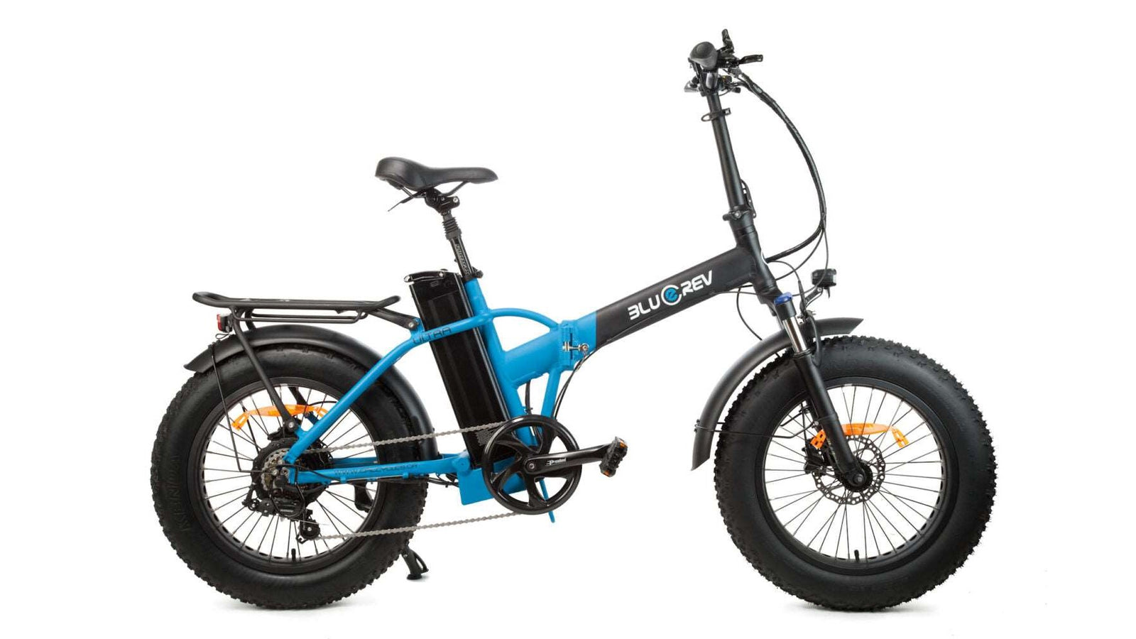 Bluerev Ultra folding fat tire electric bike in blue and black, side profile on a white background