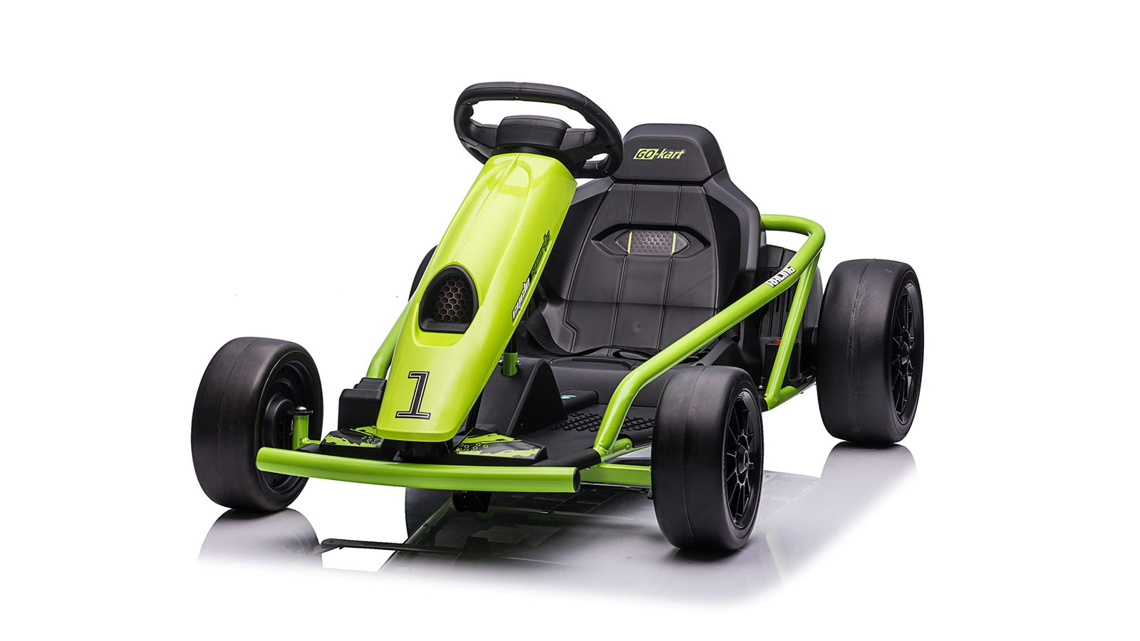 Voltz Toys electric drift go-kart for kids in green and black on a white background