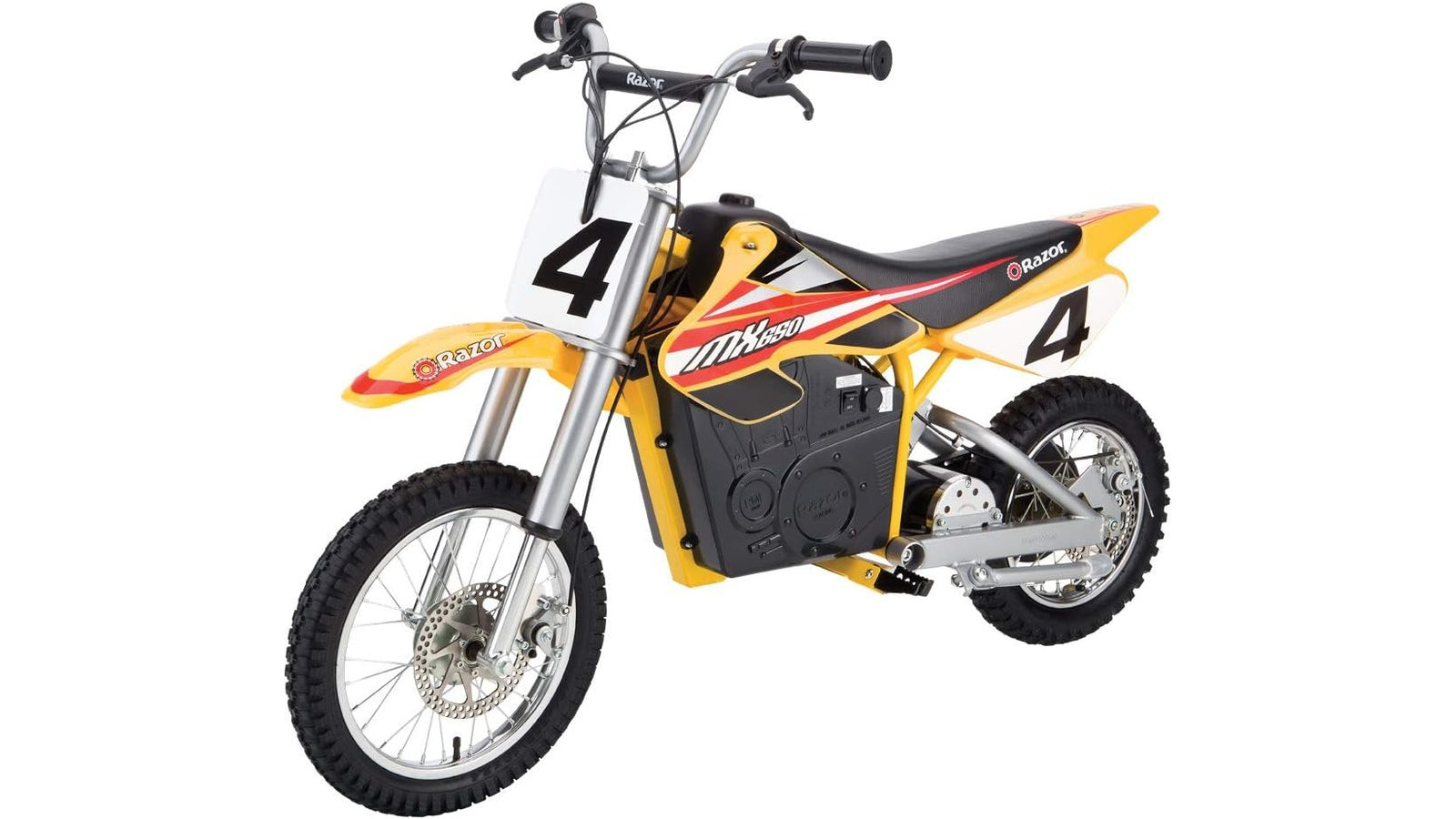 Razor MX650 kids electric dirt bike in yellow and black on a white background