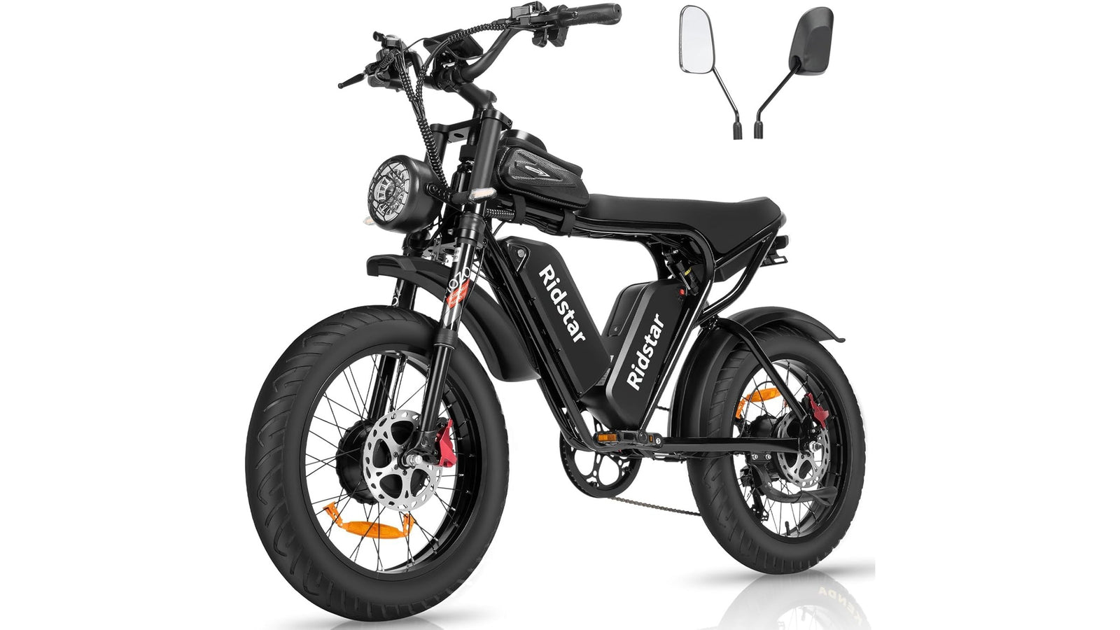 Ridstar Q20 fat tire electric bike in black with moped-style seat and included mirrors on a white background