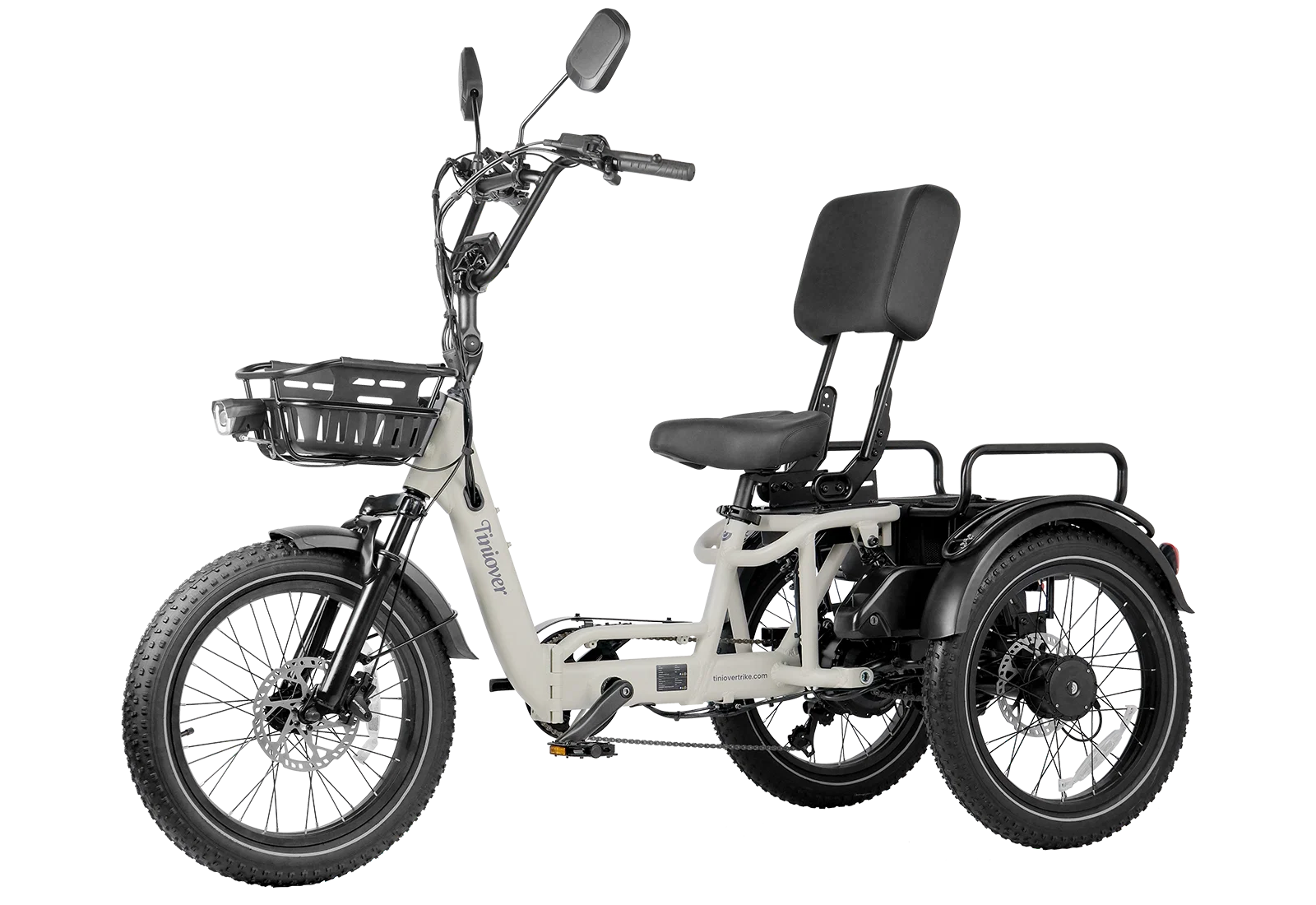 White Tiniover River electric trike side view on a transparent background, showing the semi-recumbent seat, backrest, front basket, front disc rotor, and rear motor