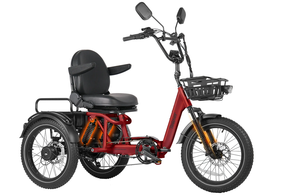 Tiniover River electric trike in red, with Premium Seat configuration