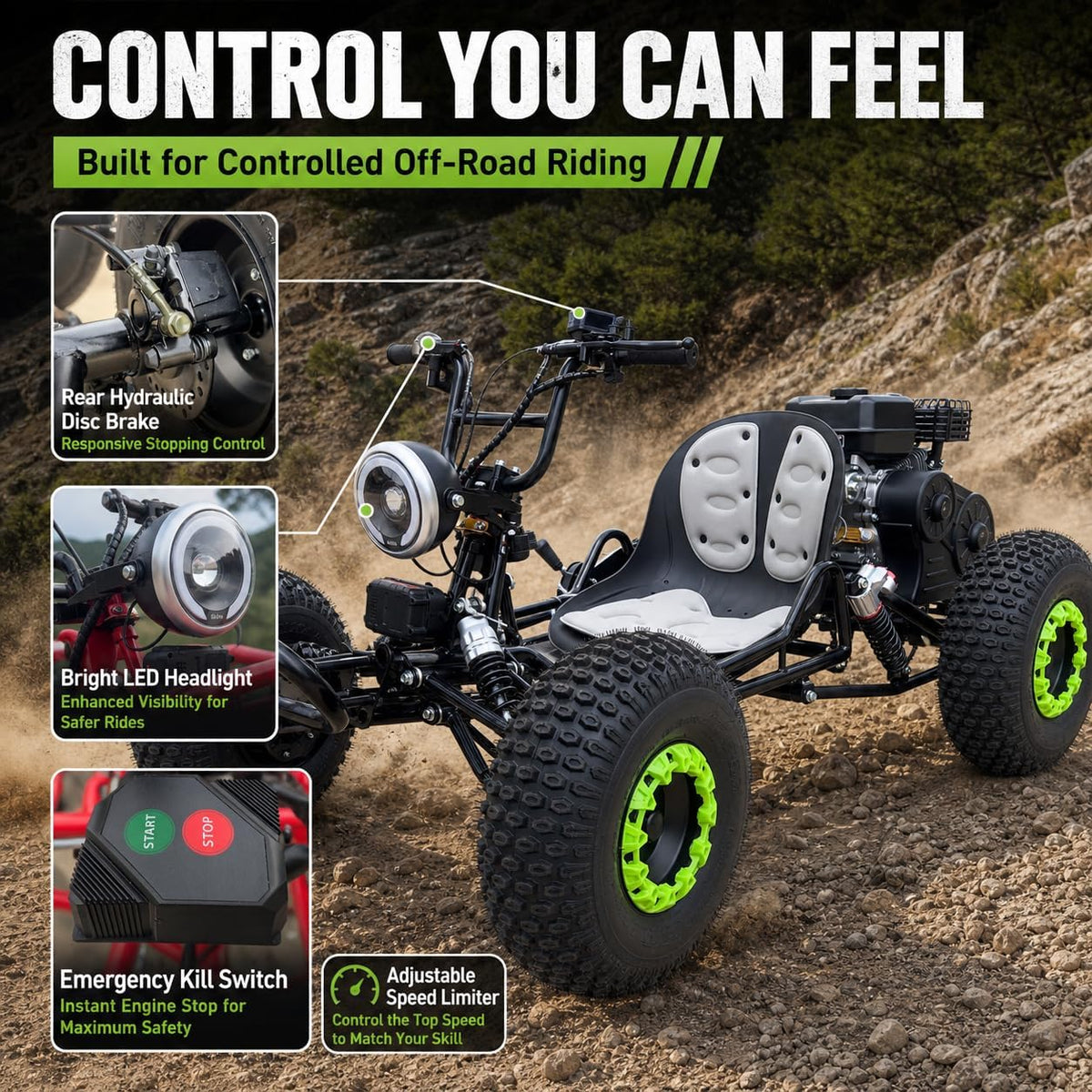 Zyliathor 212cc gas go-kart cockpit and controls detail Canada