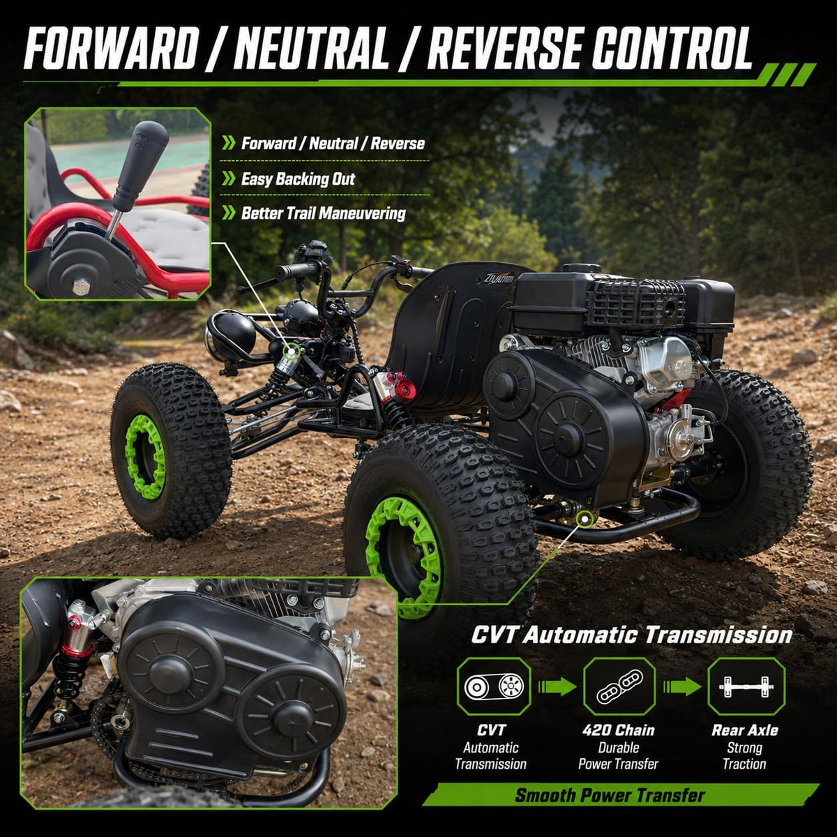 Zyliathor 212cc gas go-kart off-road riding action Canada