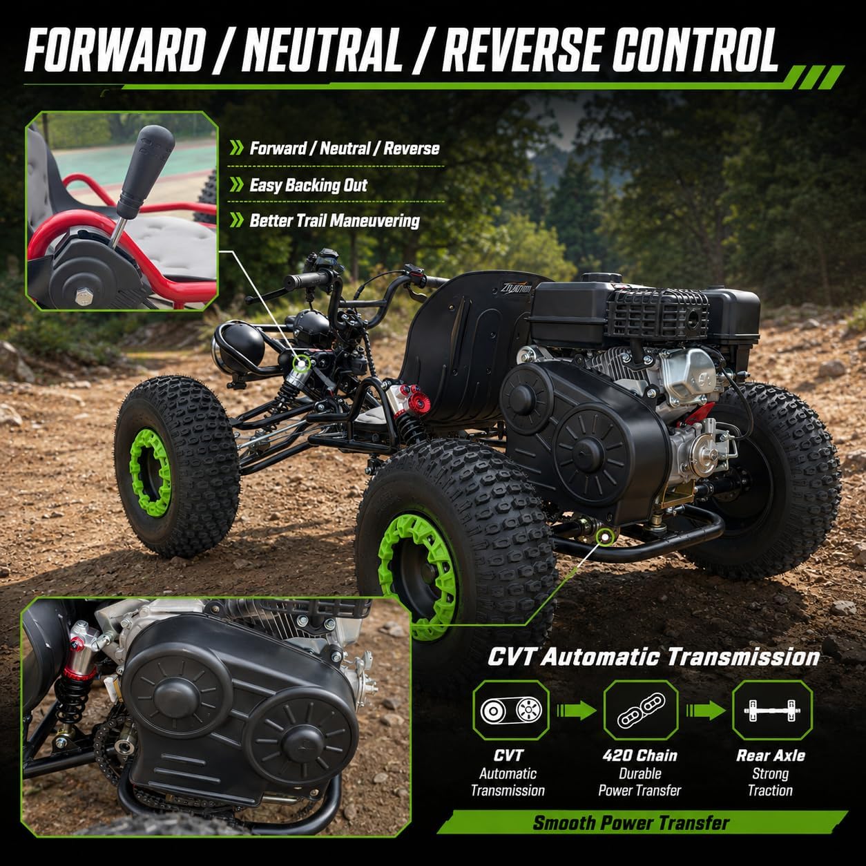 Zyliathor 212cc gas go-kart off-road riding action Canada