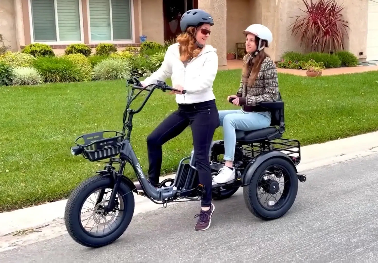 Tiniover Creek grey electric trike three-quarter view with rear passenger seat