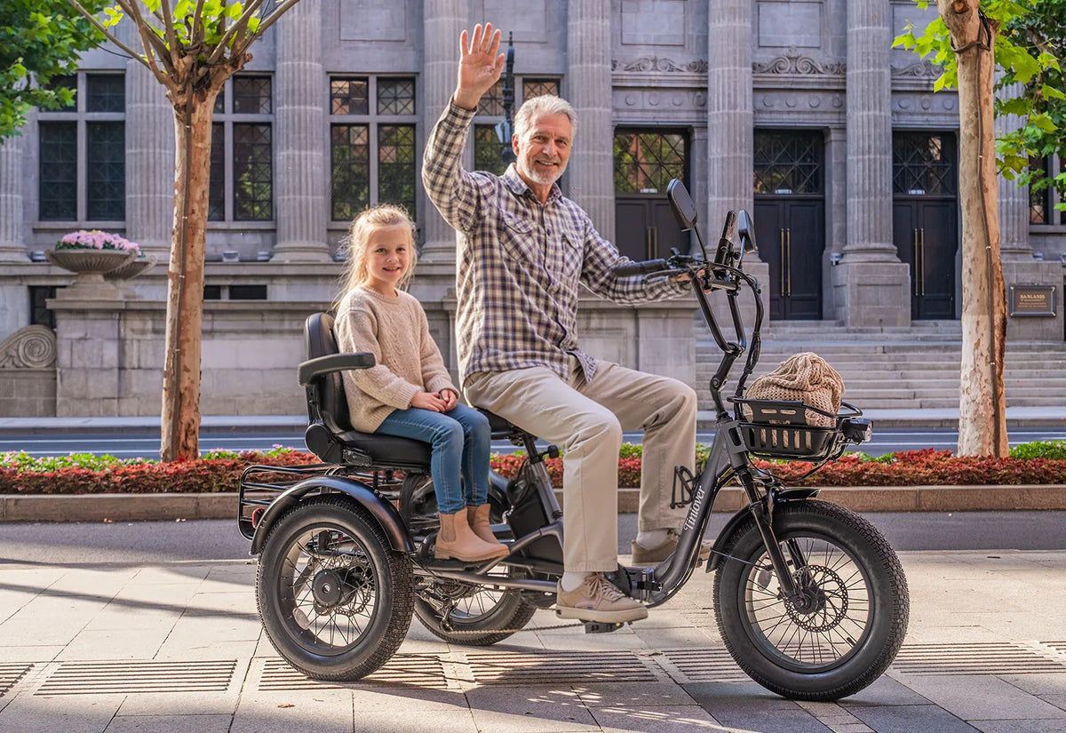 Tiniover Creek grey electric trike three-quarter view with rear cargo rack
