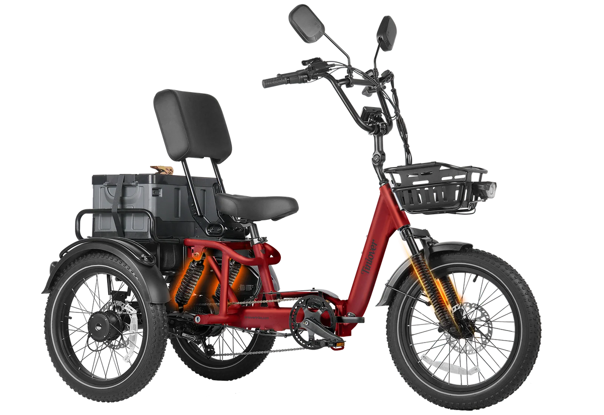 Tiniover River electric trike in red, Standard + Storage Box configuration