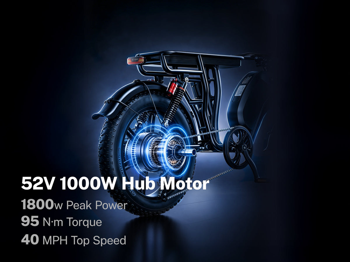 Heybike Saturn moped-style electric bike with long bench seat and rear rack