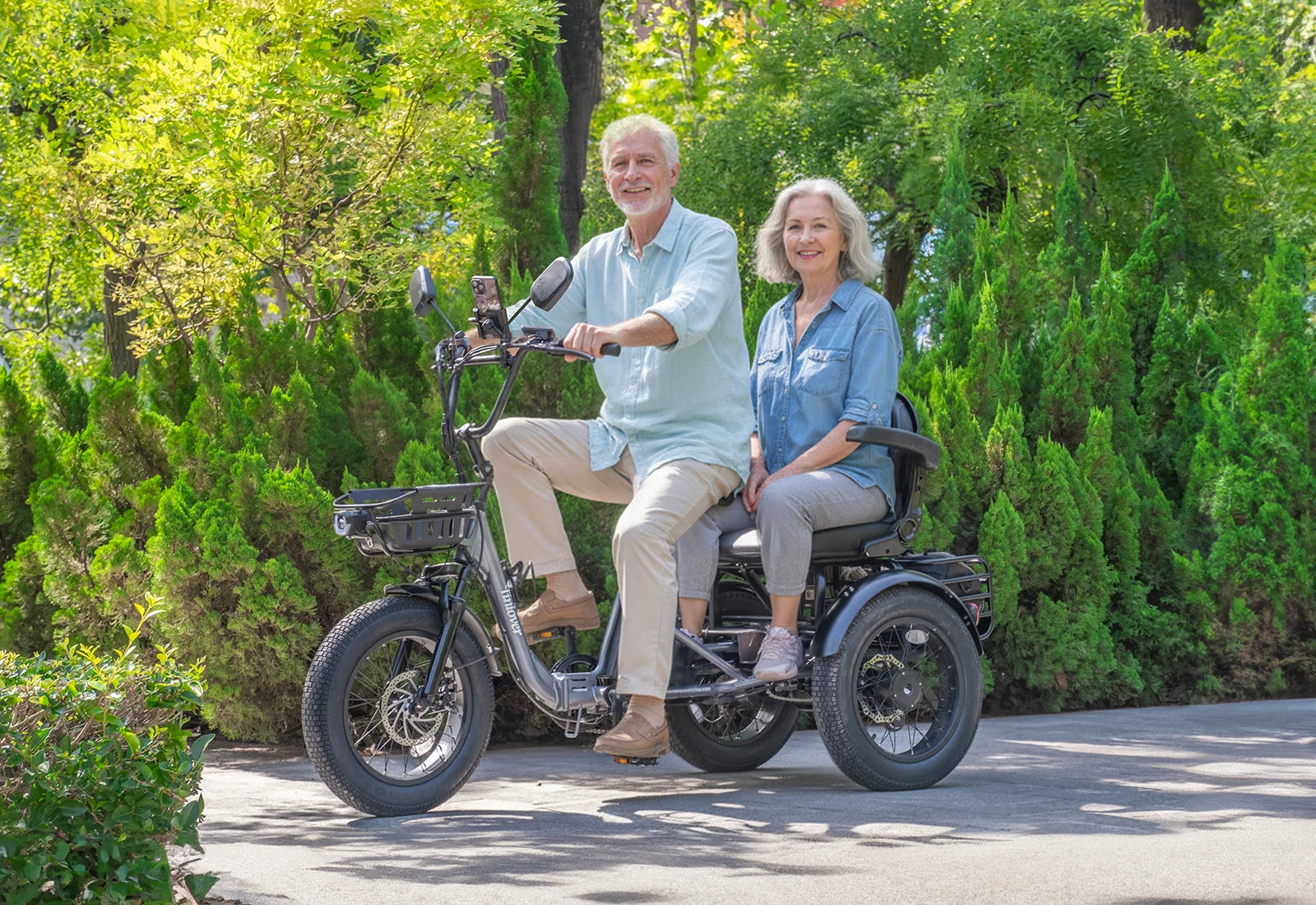 Tiniover Creek grey electric trike side view with low-step frame and rear basket