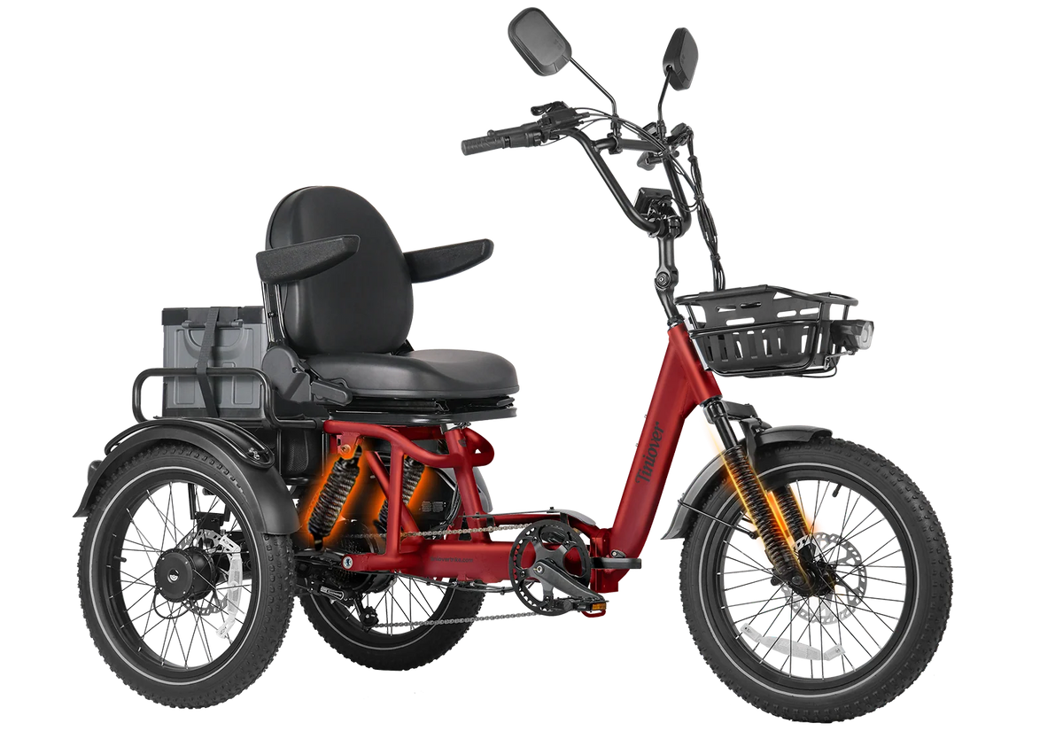 Tiniover River electric trike in red, with Premium Seat + Storage Box configuration