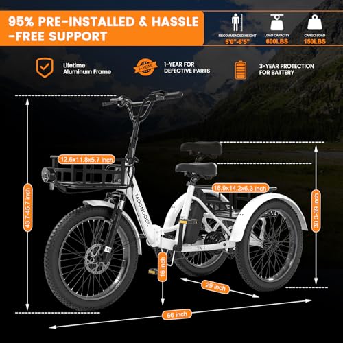 MOPHOTO electric tricycle Amazon listing dimensions and capacity graphic