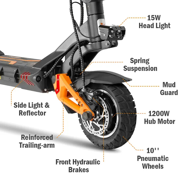 KuKirin G3 Pro front wheel, hydraulic brake and suspension detail