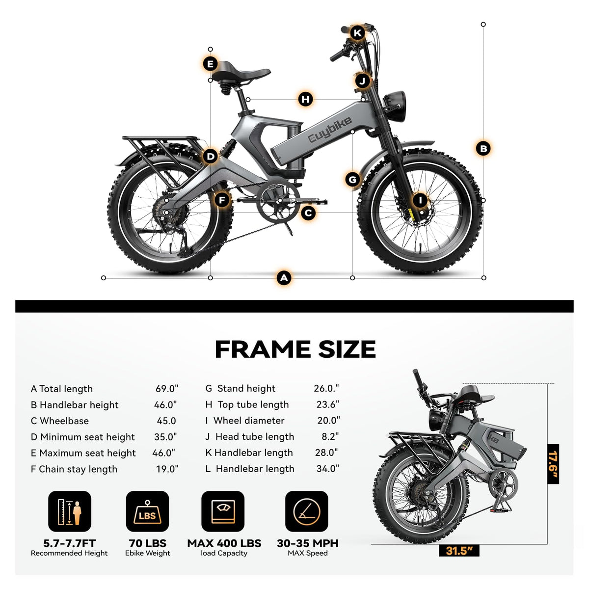 Bicicleta eléctrica plegable con neumáticos anchos EUYBIKE K6 Pro 2000W – Canadá