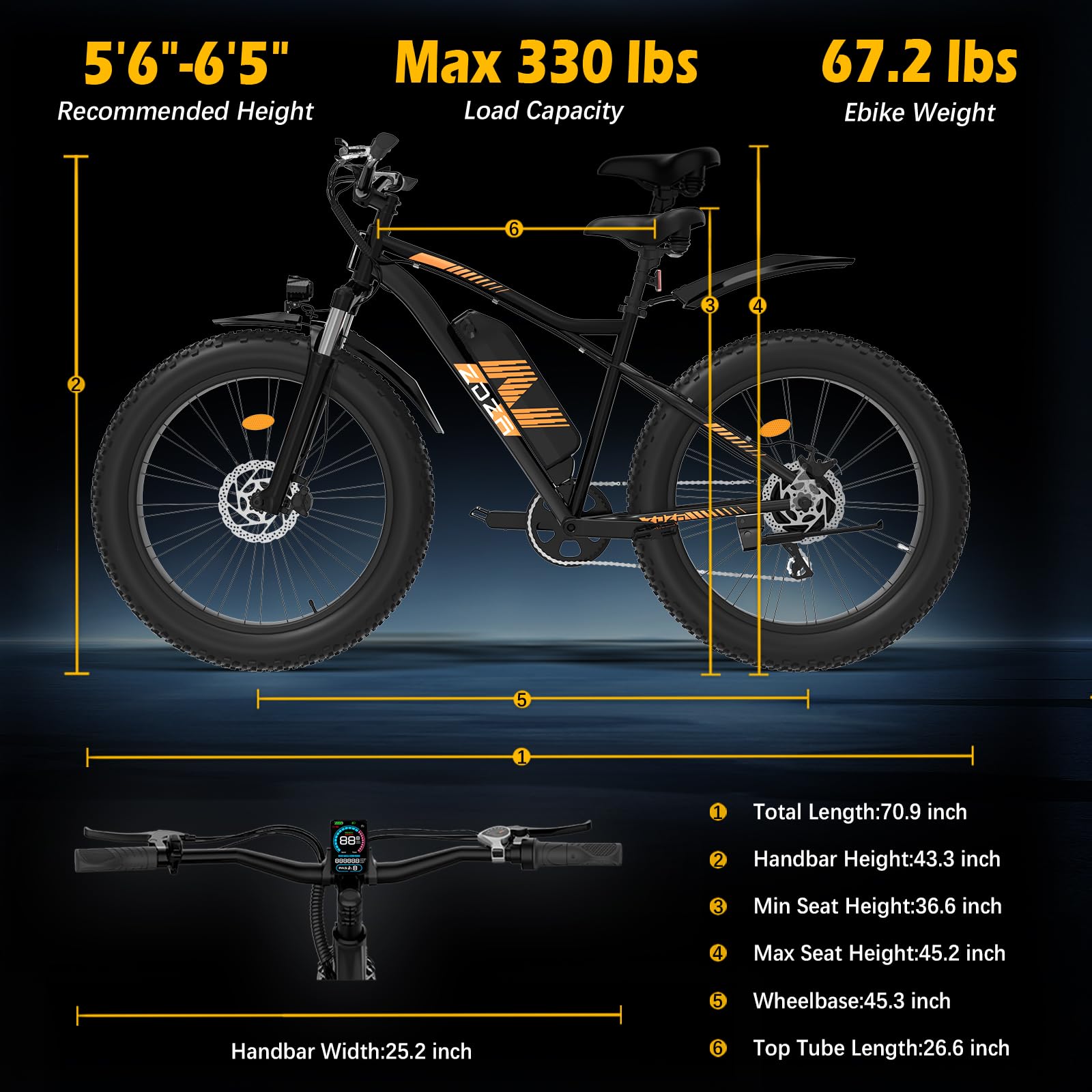 Bicicleta de montaña eléctrica ZDZA ZA01 de 1500 W con neumáticos anchos – 48 V, 14,5 Ah | Envío rápido a Canadá | Certificación UL