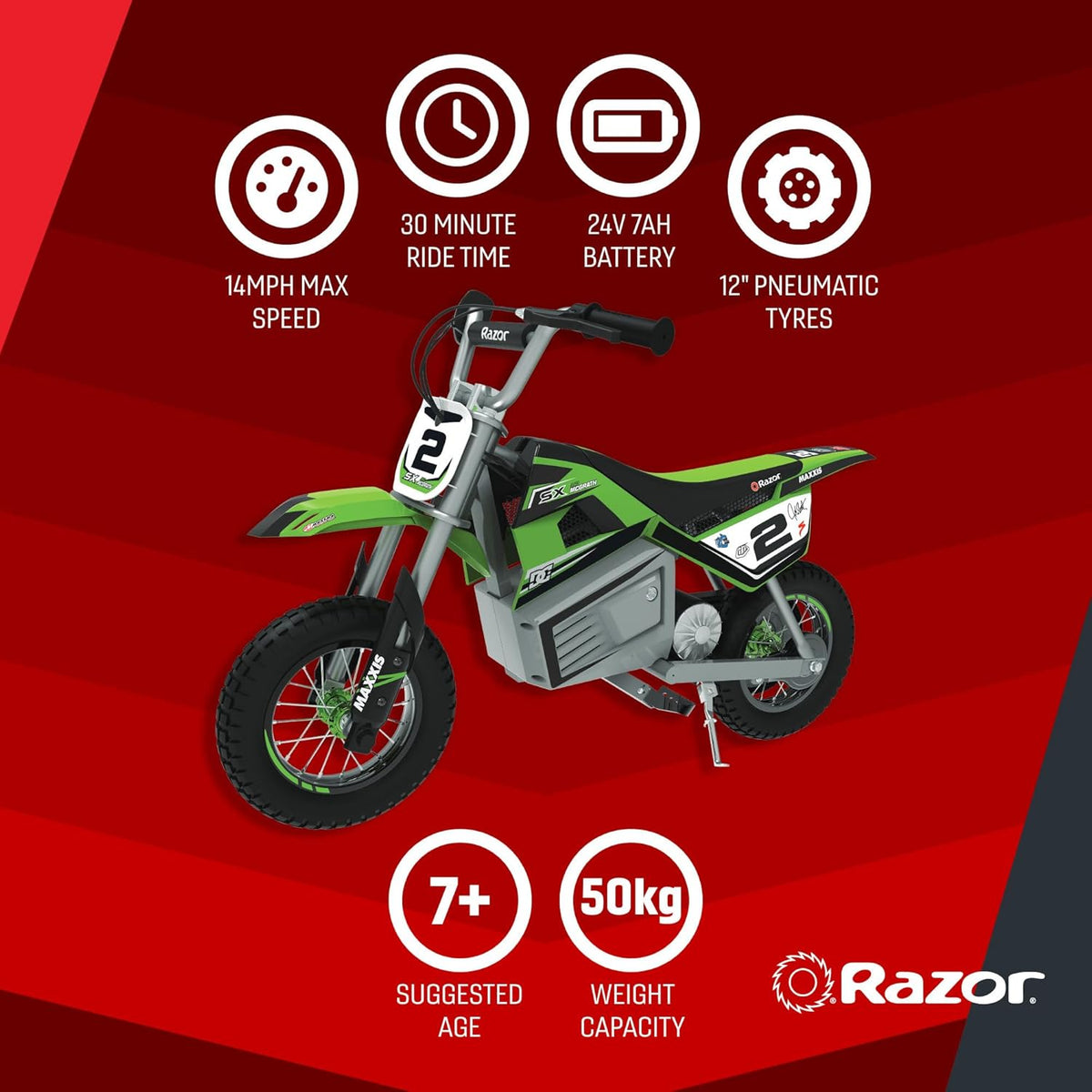 Razor SX350 McGrath Electric Dirt Bike (Kids/Teens) – Canada | Up to 22 km/h, High/Low Speed Control