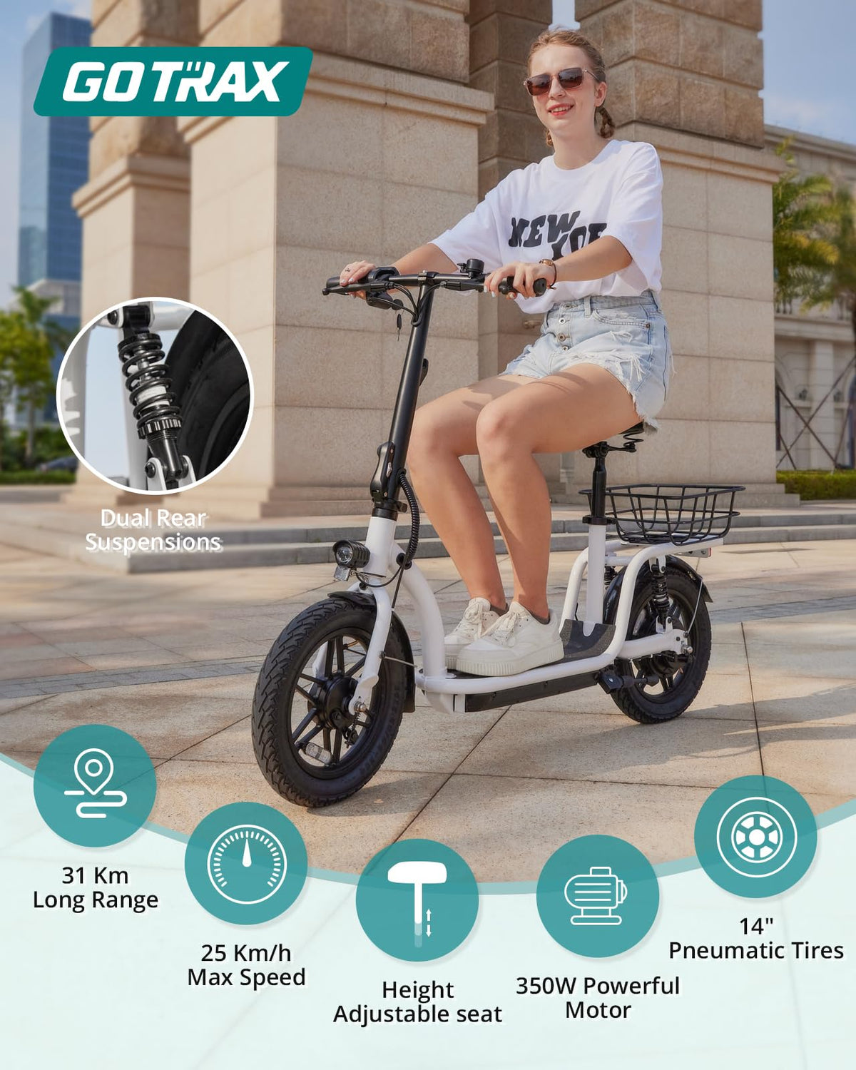 Gotrax Astro Electric Scooter – 350W Motor, 25km/h Speed, 30km Range, Foldable, Comfortable Ride in Canada