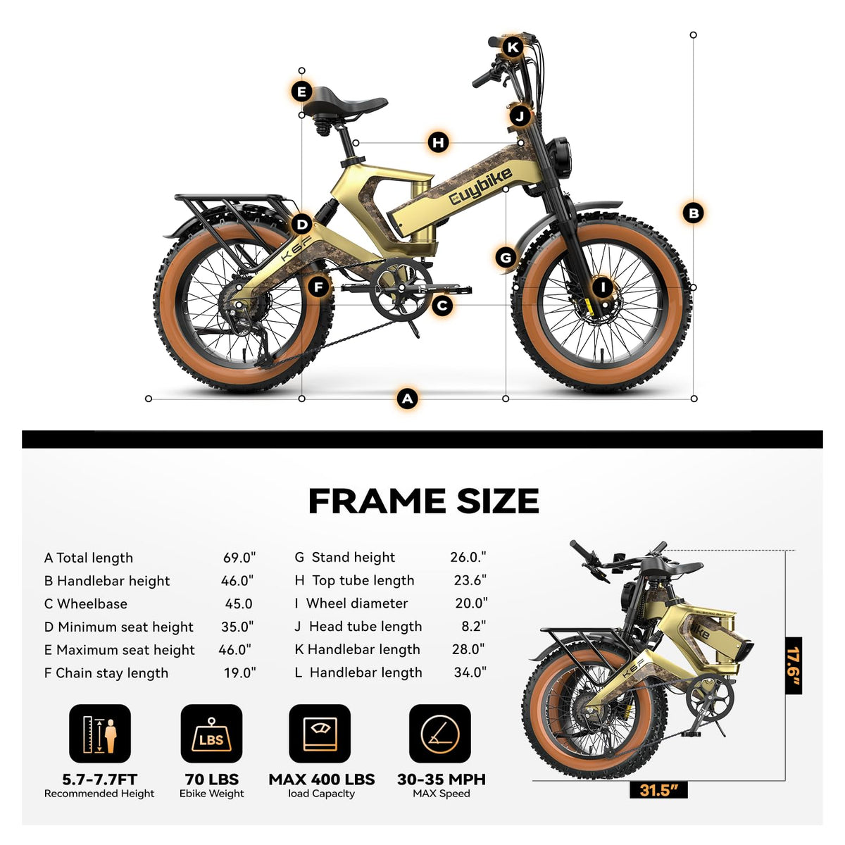 Bicicleta eléctrica plegable con neumáticos anchos EUYBIKE K6 Pro 2000W – Canadá