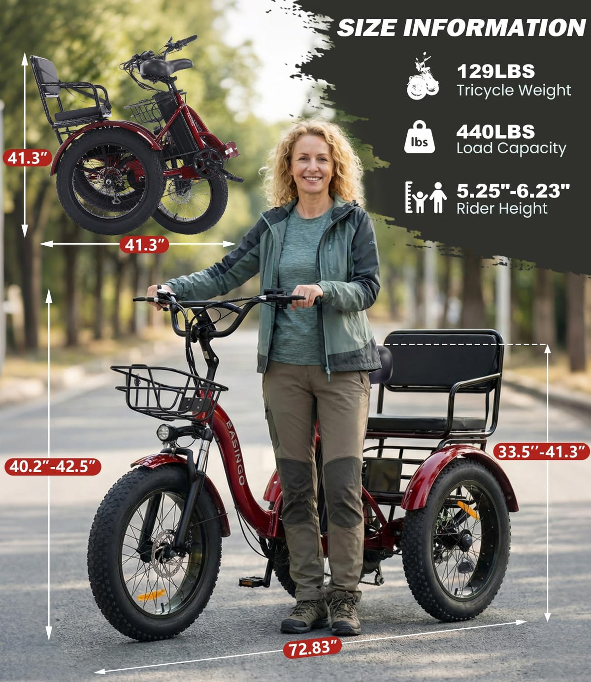 Ontrip electric trike passenger seating and rear basket detail