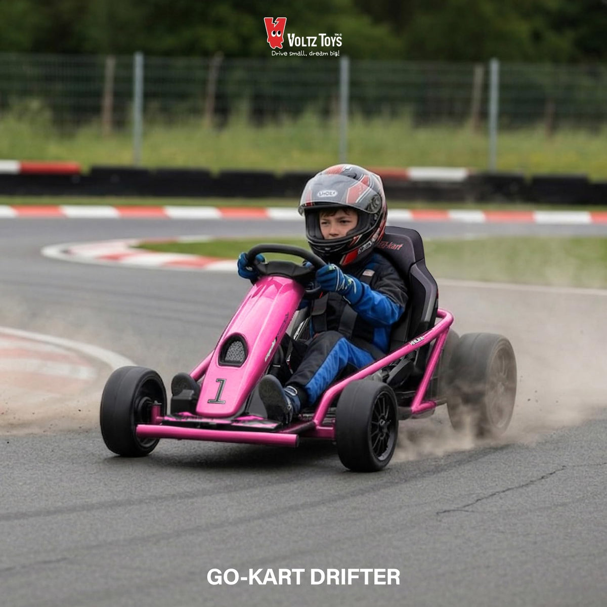VoltzToys pink 24V drift go-kart Canada side view