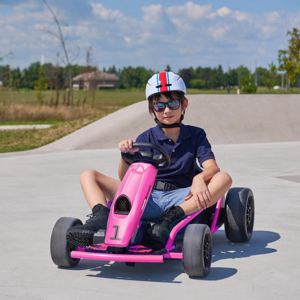 VoltzToys pink go-kart Canada smooth pavement ride scene