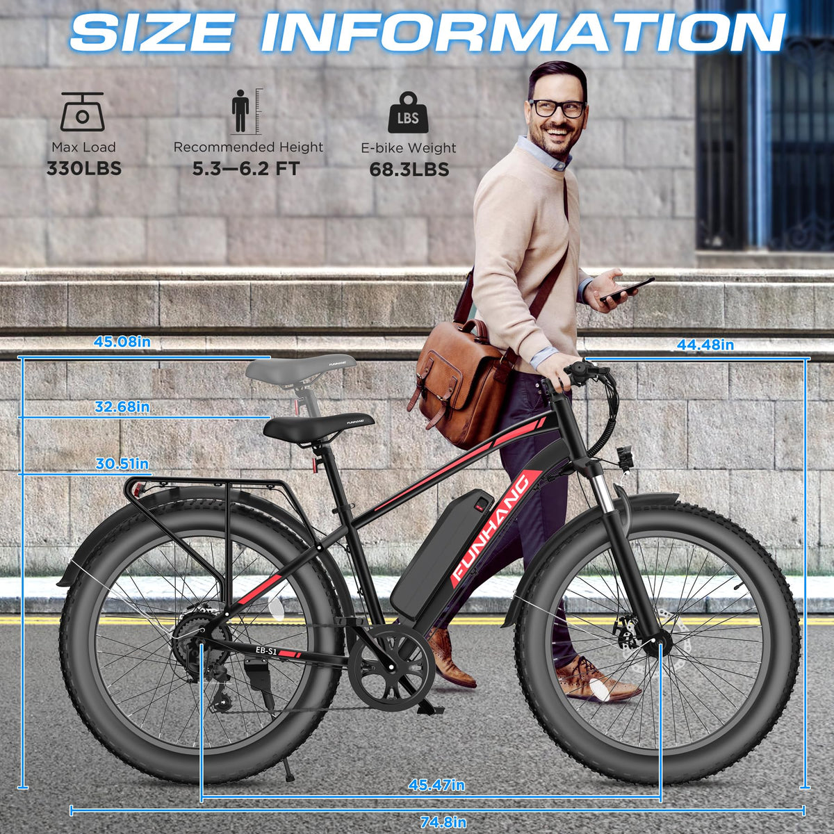 Funhang EB-S1 Electric Fat Tire Bike – 1000W Motor, 60 Mile Range, All-Terrain, Built for Canadian Winters