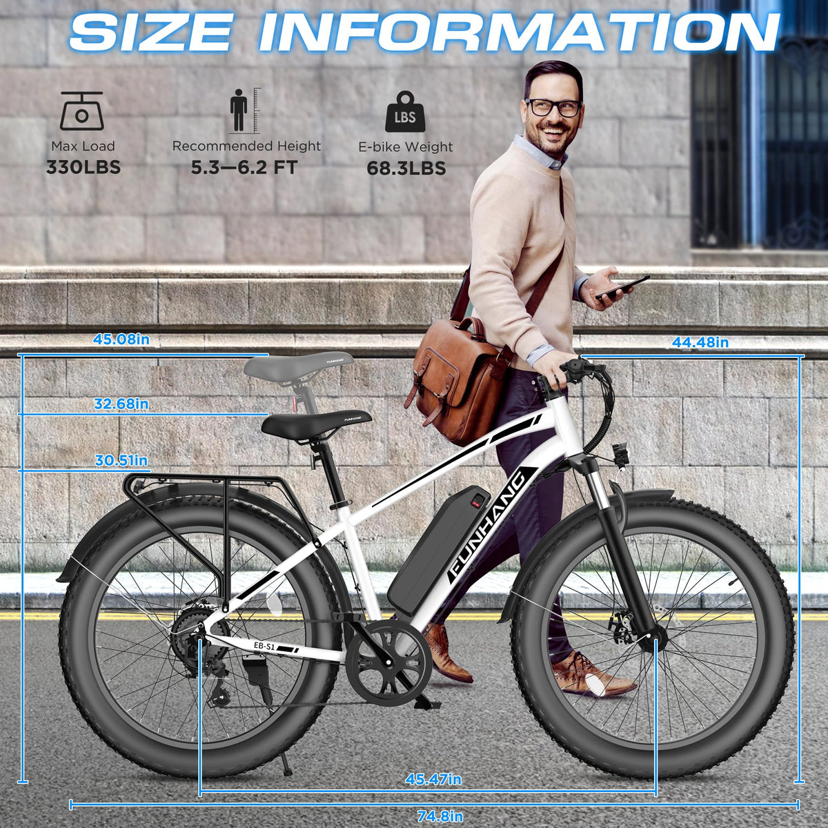 Funhang EB-S1 Electric Fat Tire Bike – 1000W Motor, 60 Mile Range, All-Terrain, Built for Canadian Winters