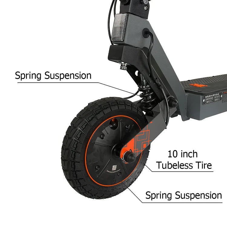 KuKirin G2 Ultra tubeless front tire and spring suspension detail