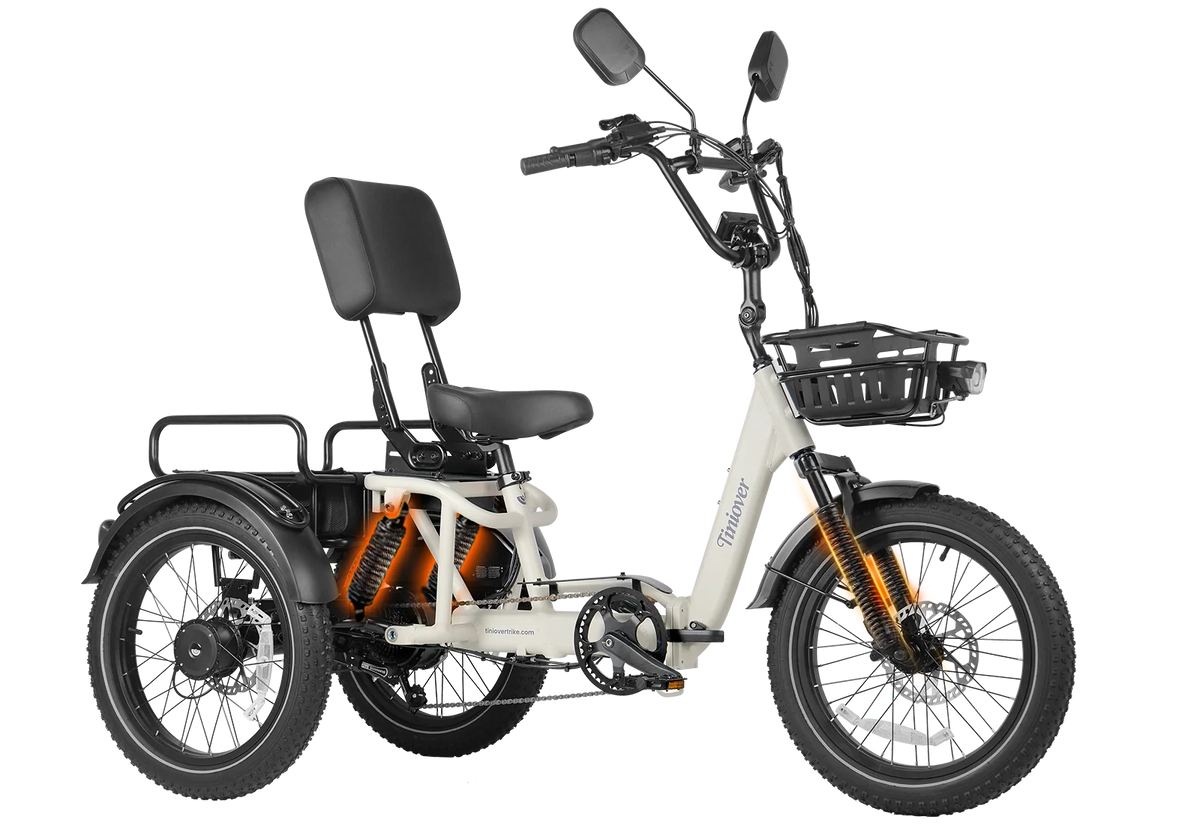 White Tiniover River full-suspension electric trike on a transparent background, showing the front fork, rear coil suspension, three fat tires, basket, and adjustable backrest
