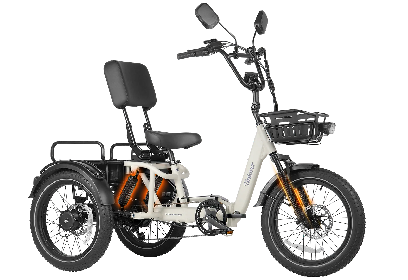 White Tiniover River full-suspension electric trike on a transparent background, showing the front fork, rear coil suspension, three fat tires, basket, and adjustable backrest
