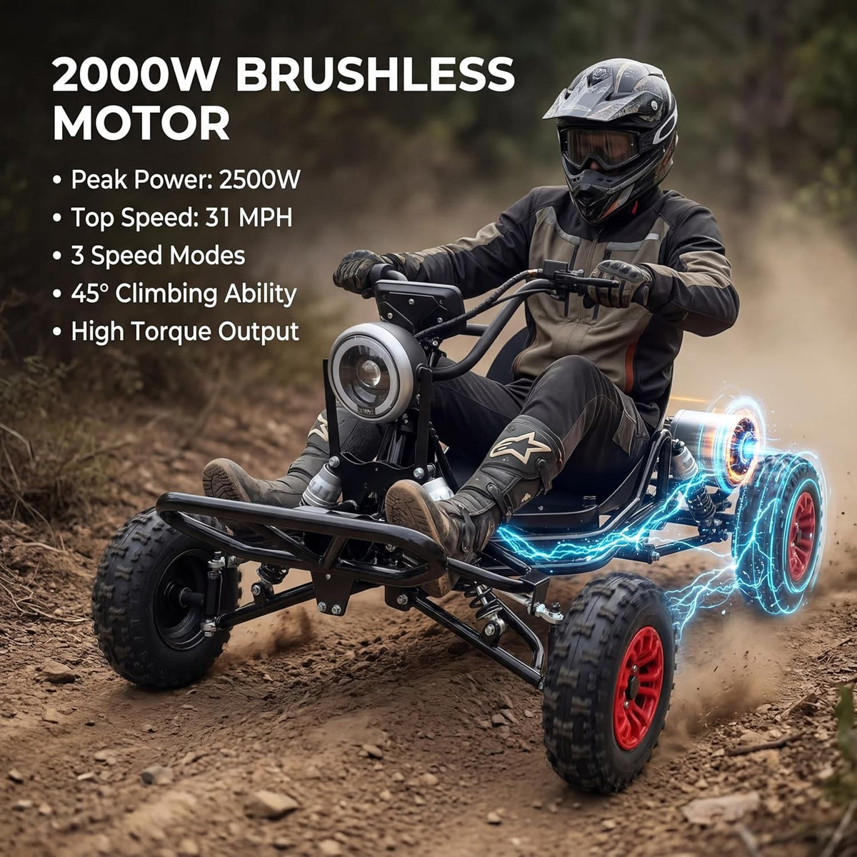 Zyliathor 48V 2000W electric go-kart Canada black three-quarter view