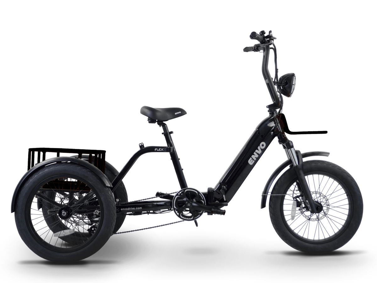 ENVO Flex Trike fat-tire electric trike in black, rear detail view