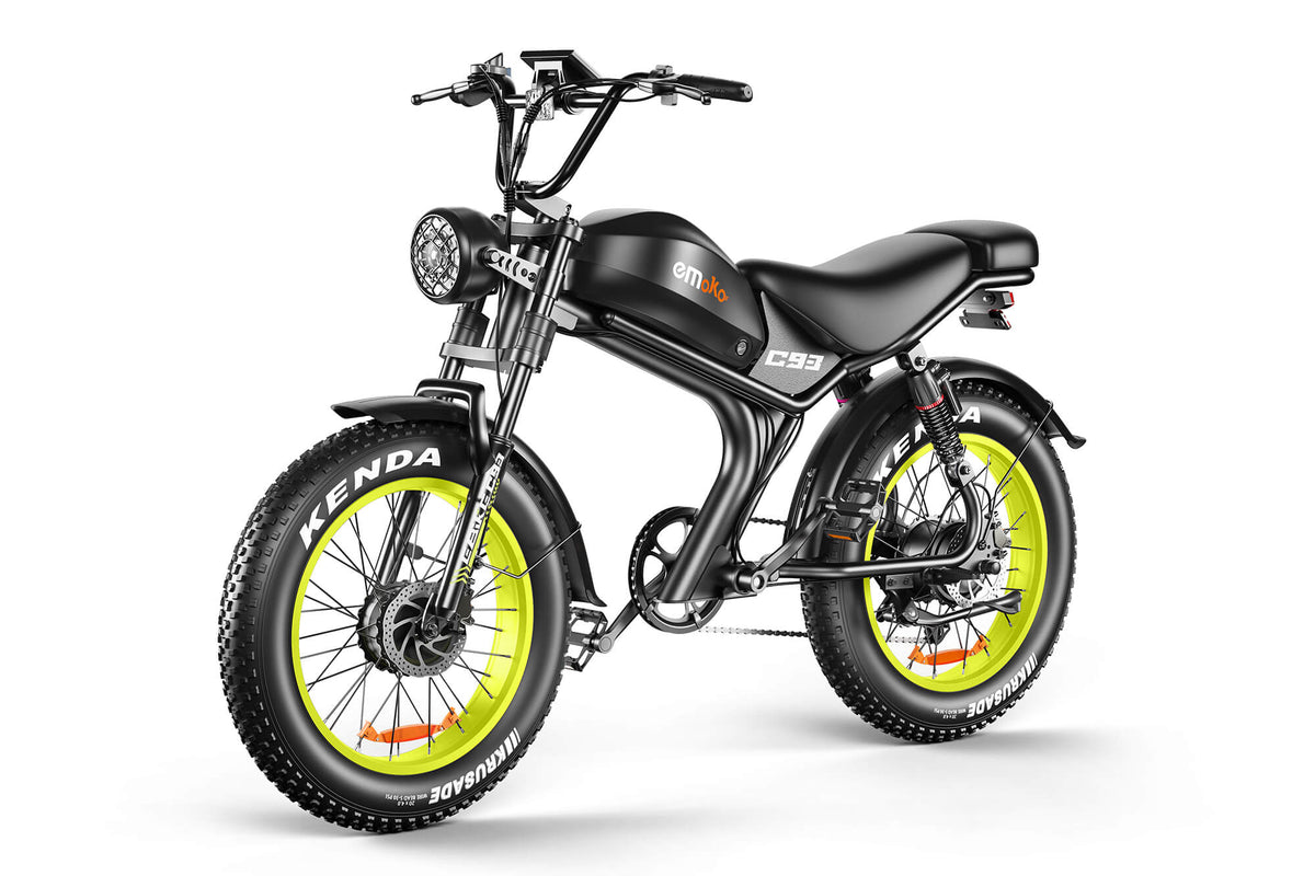 Emoko C93 dual motor fat tire electric bike detail view for suspension and ride stance