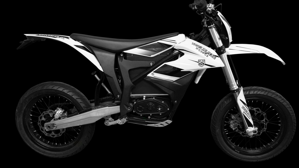 Trailblaze Motors Omega SM electric supermoto front angle Canada