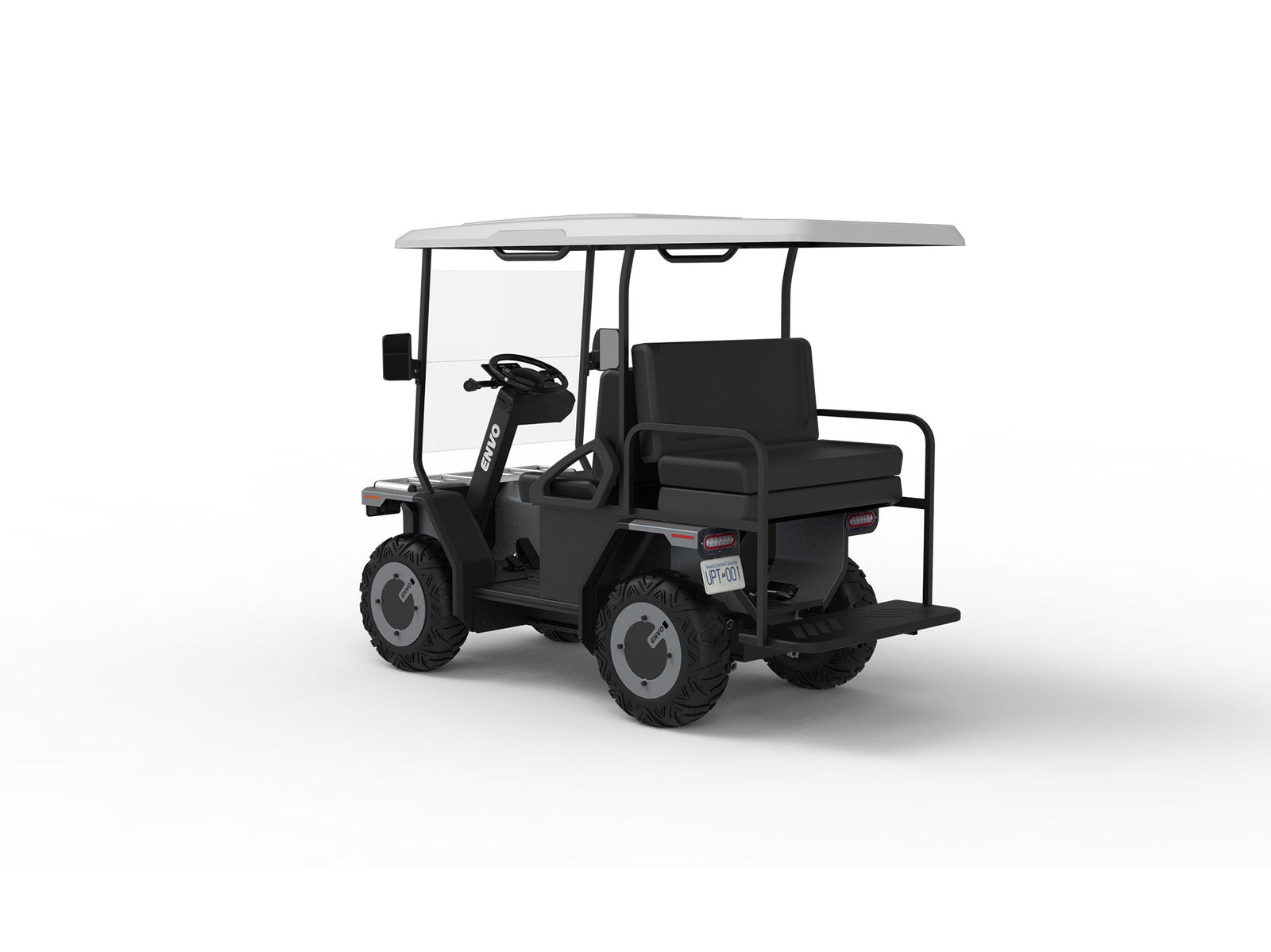 ENVO UT21 electric golf cart in rear three-quarter view with roof, bench seats and rear step