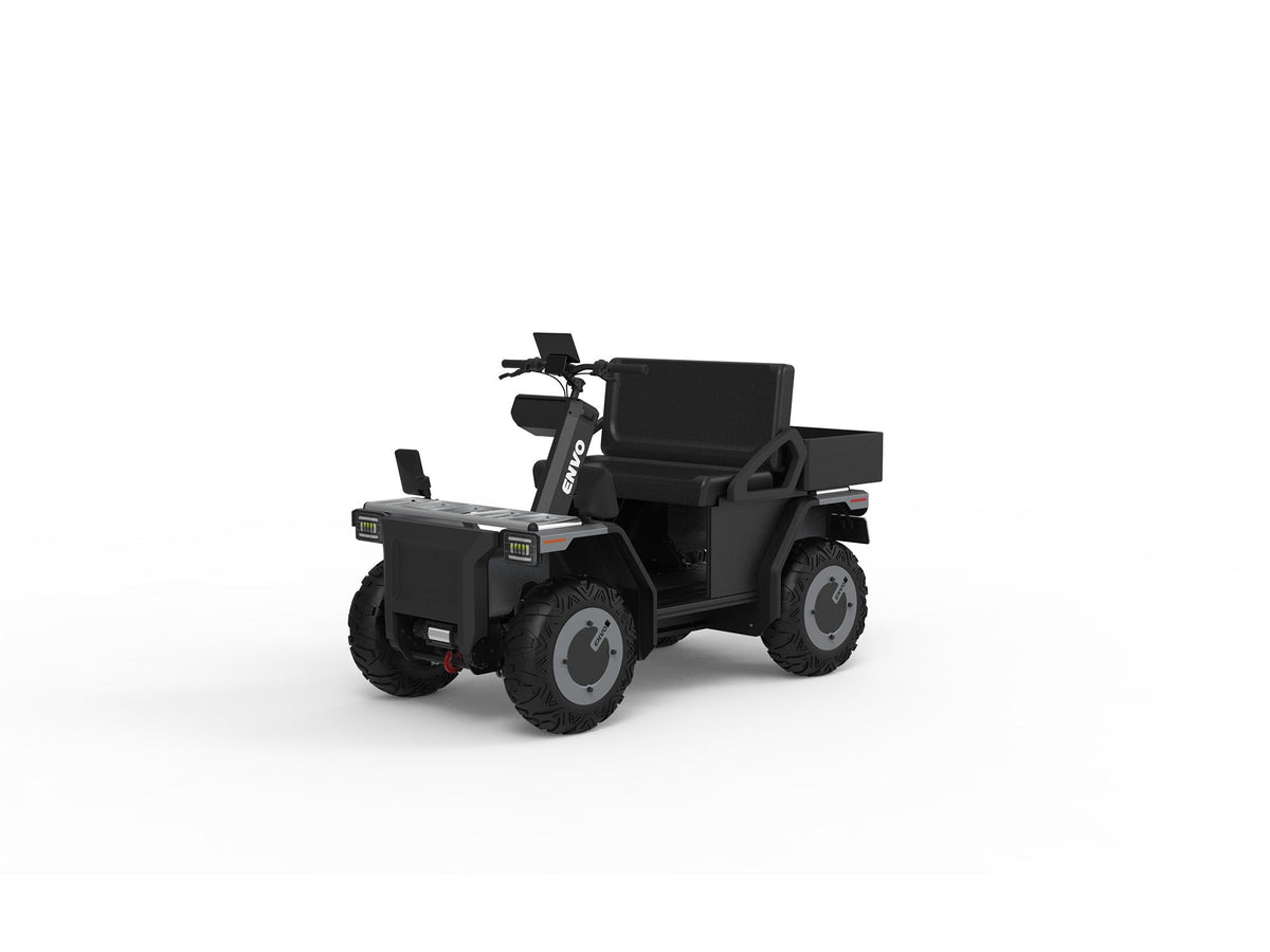 ENVO AT23 electric side-by-side UTV in front three-quarter view with two seats, cargo bed and roof