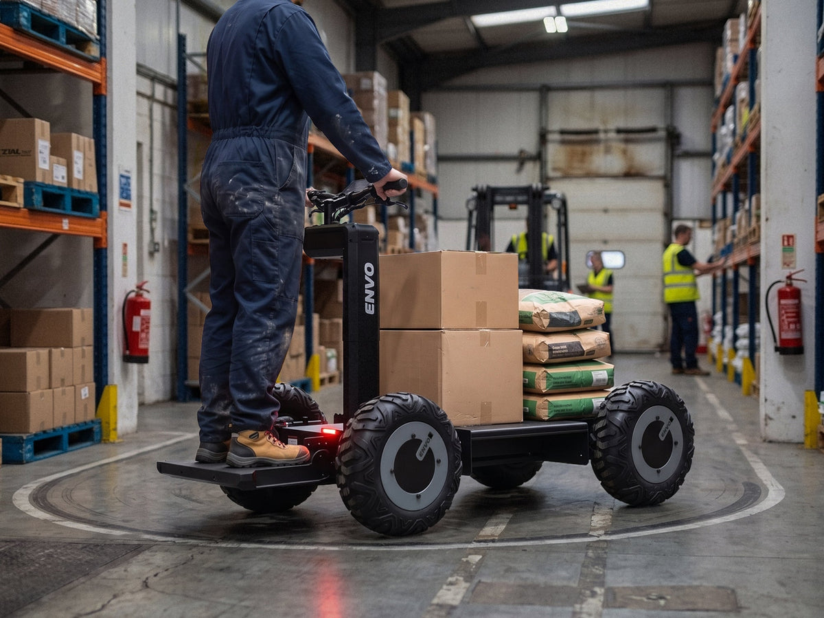 ENVO UP20 ride-on electric transporter platform carrying cargo in a warehouse