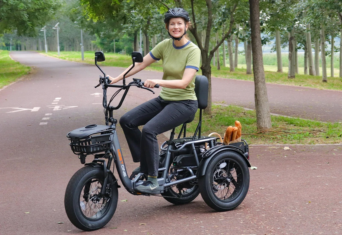 Meet One Breeze Pro electric trike folded view with fat tires