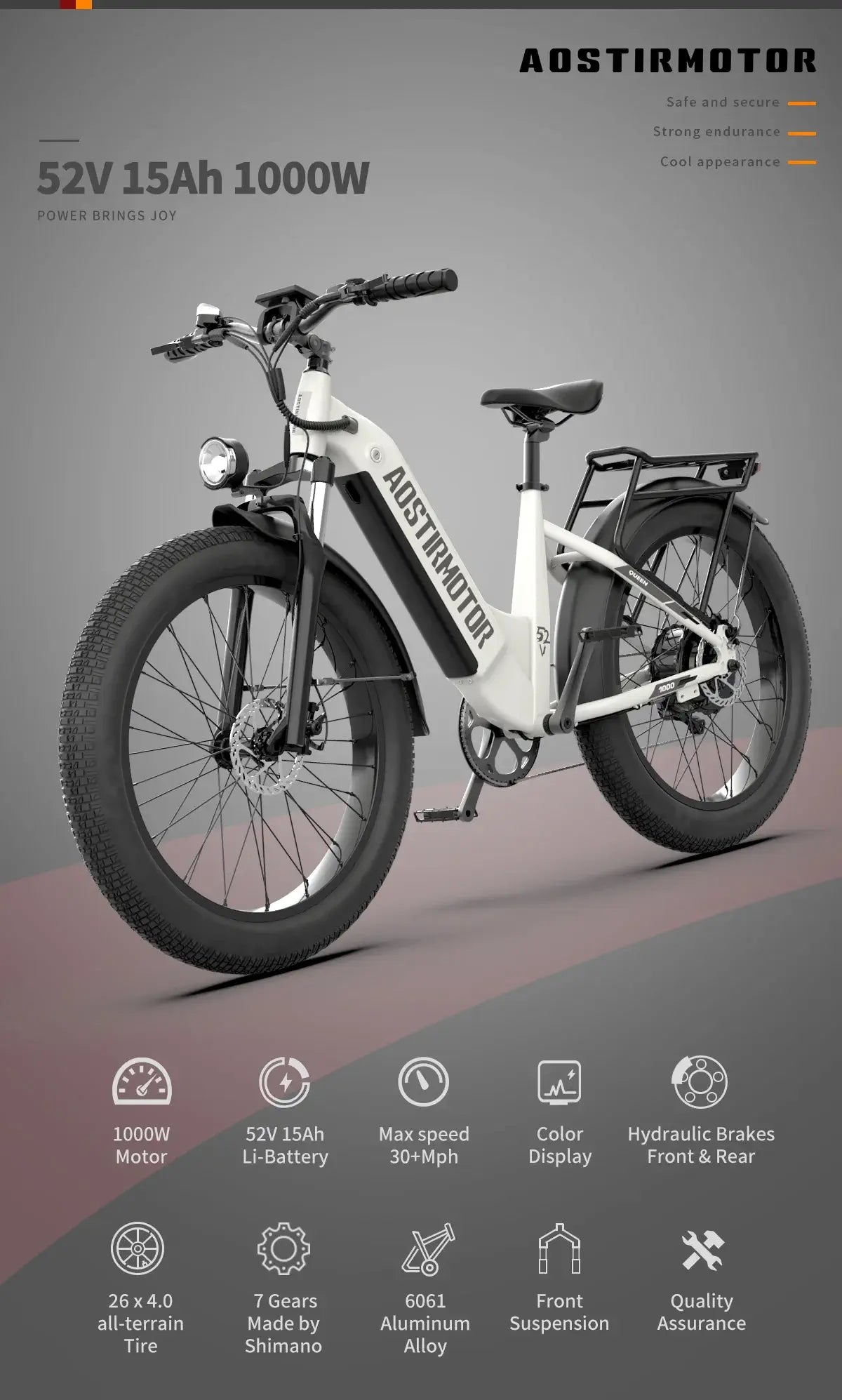 AOSTIRMOTOR Queen 1000 Watt Electric Bike - Street Rides