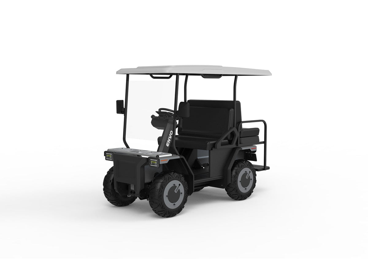 ENVO UT21 electric golf cart in front three-quarter view with roof, windshield, bench seats and utility deck