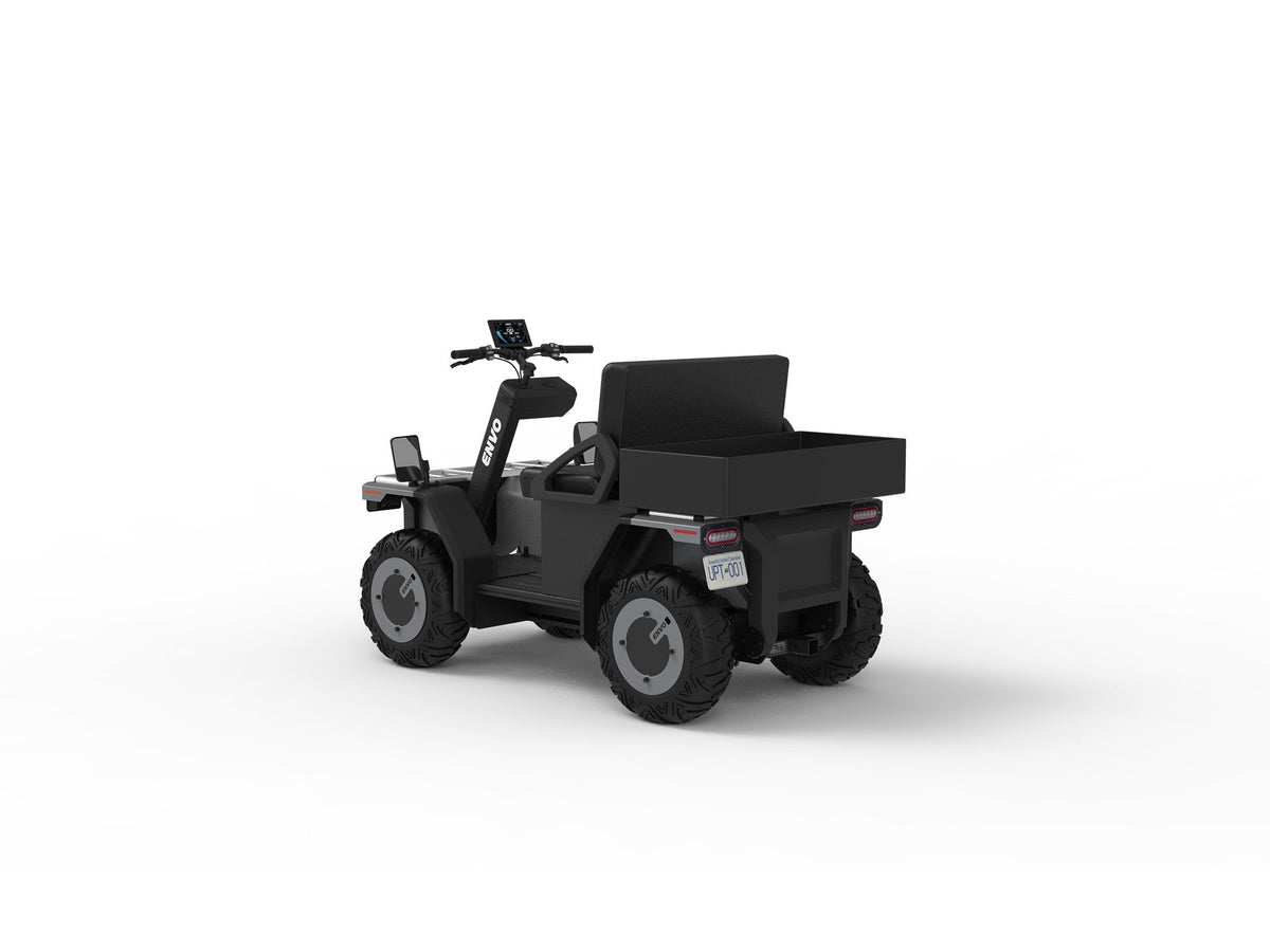 ENVO AT23 electric side-by-side UTV in rear three-quarter view with two seats, cargo bed and roof