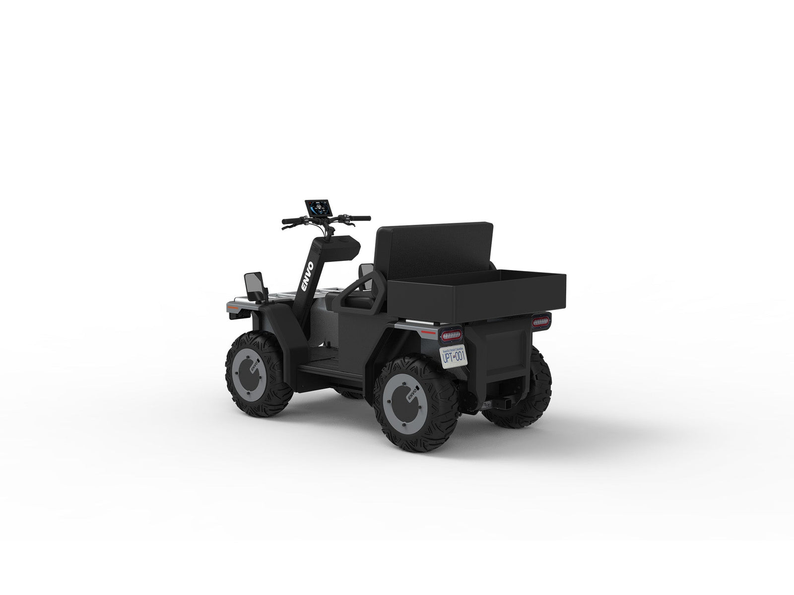 ENVO AT23 electric side-by-side UTV in rear three-quarter view with two seats, cargo bed and roof