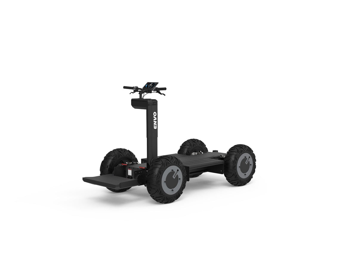 ENVO UP20 ride-on electric transporter platform in front three-quarter view with four off-road tires and handlebar control