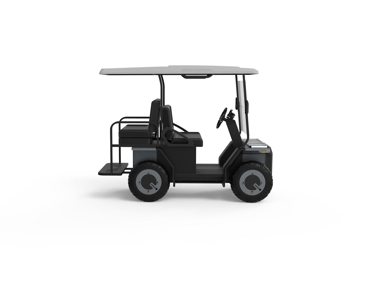 ENVO UT21 electric golf cart right side profile with roof, bench seats and rear step