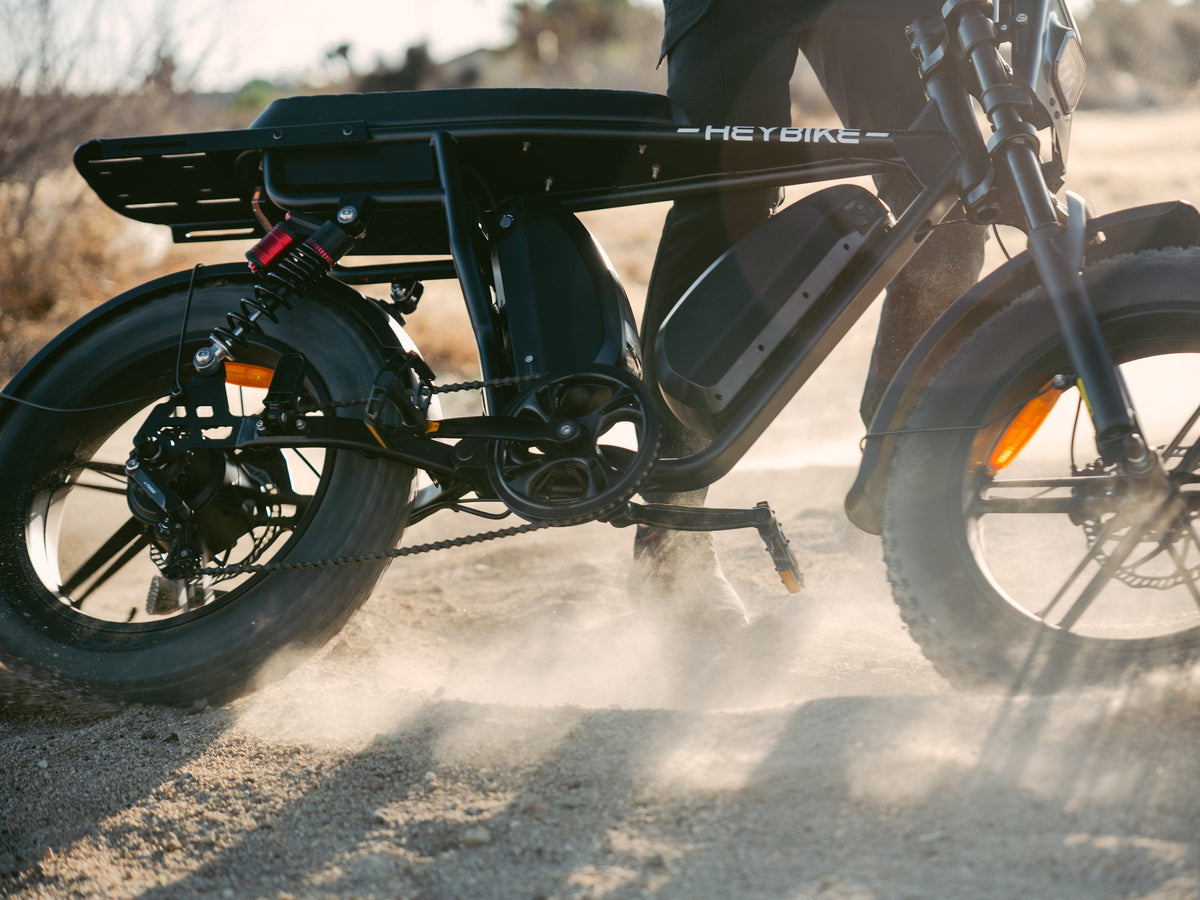 Heybike Saturn 52V battery system and moped-style frame detail