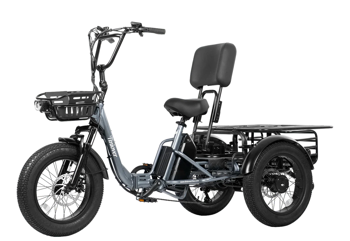 Tiniover Creek Pro grey electric trike with rear cargo rack kit